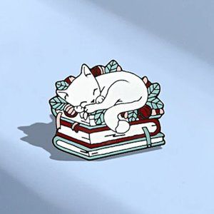 Cute Bookish Theme Enamel Pin/Brooches, "Cat Dreams with Books."